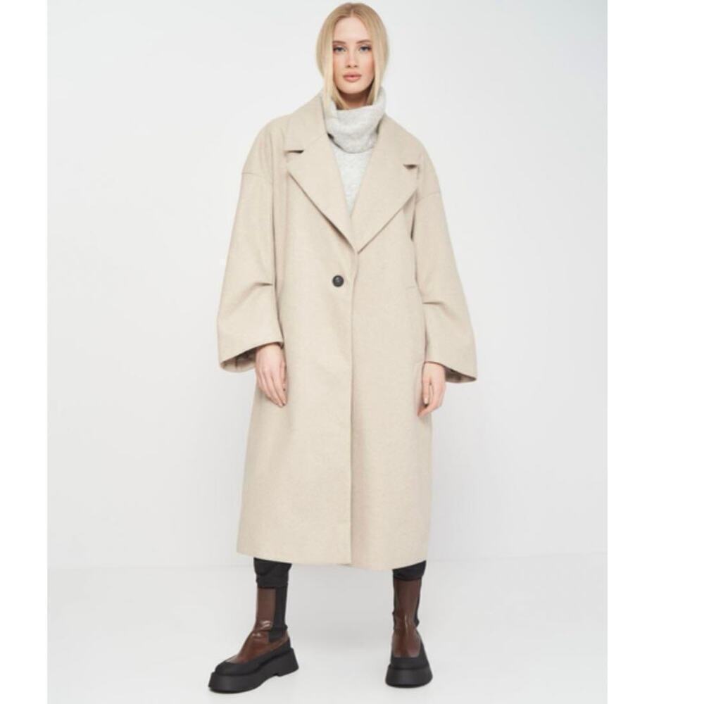 Zara oatmeal cream oversized long coat bracelet sleeve lined side pockets XS